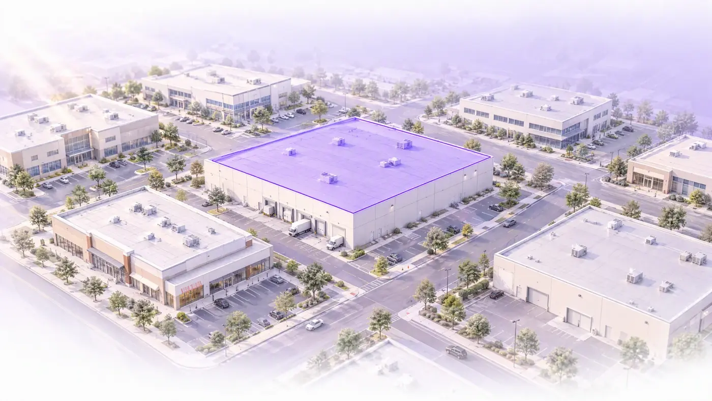 Architectural illustration of a commercial district with a warehouse roof highlighted in violet for further research.