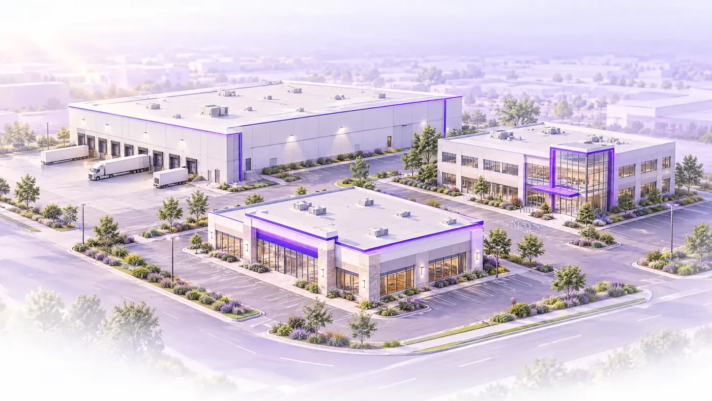 Architectural illustration of a warehouse, office building and retail property in a landscaped business park.