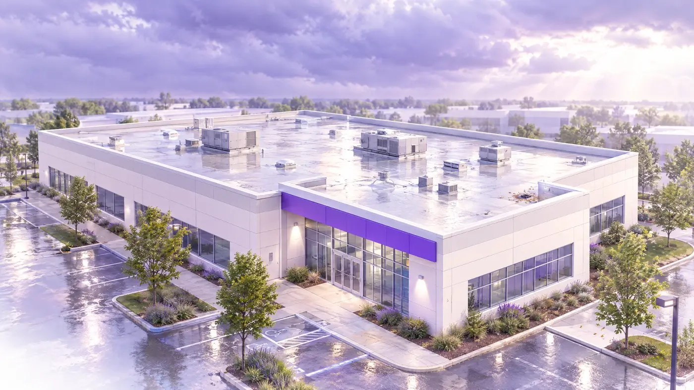 Architectural illustration of a wet commercial roof with rooftop equipment and leaves near a drain beneath clearing storm clouds.