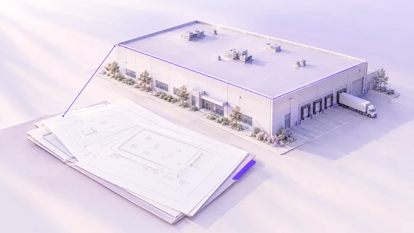 Architectural illustration of a commercial warehouse model beside roof plan drawings in an open folder.