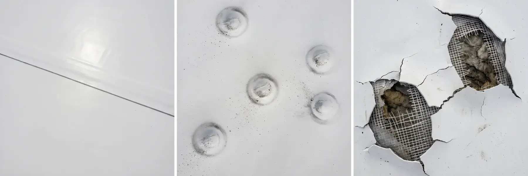Three stages of hail damage on a commercial TPO roof membrane: undamaged, moderate dents, severe punctures