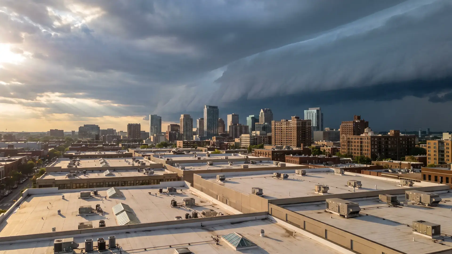 Aerial view of a commercial flat roof with storm damage in Florida
