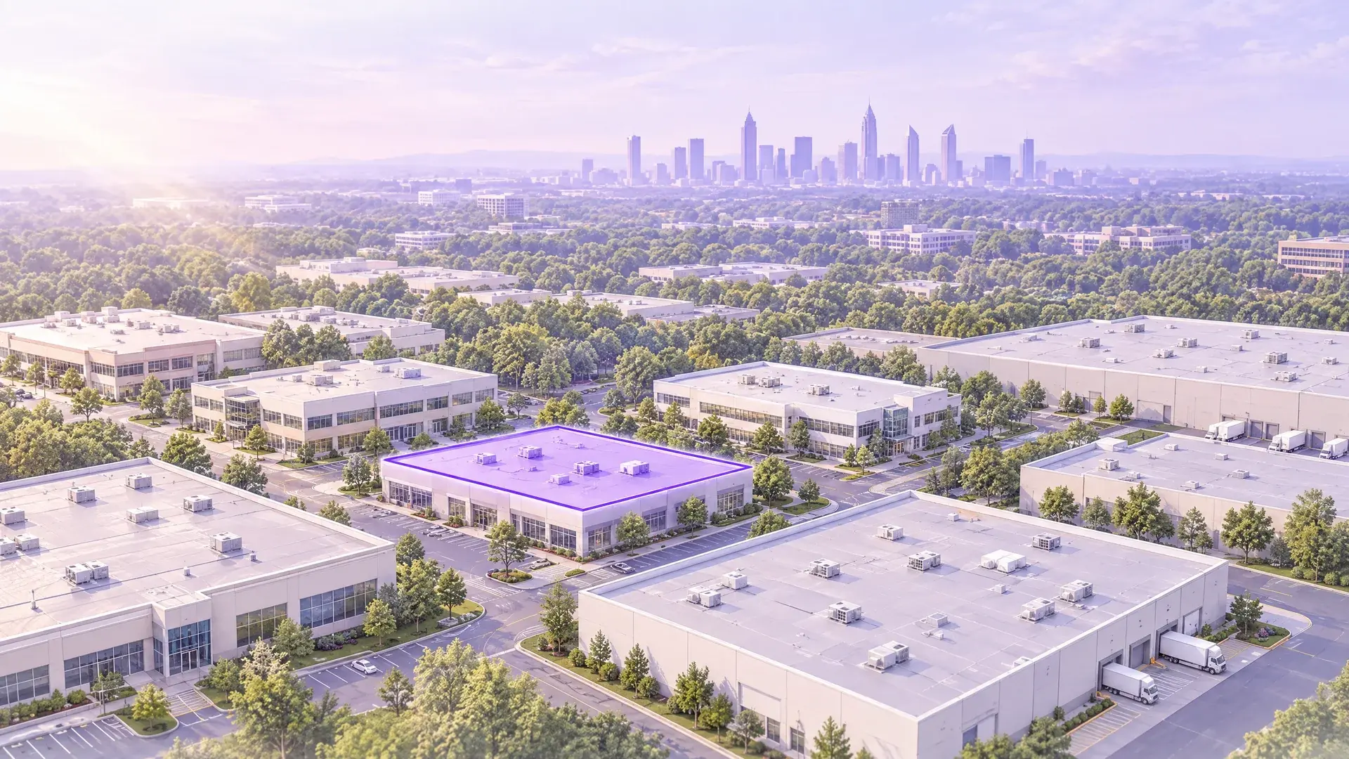 Atlanta-inspired architectural illustration with commercial rooftops, a highlighted roof, tree canopy and distant skyline.