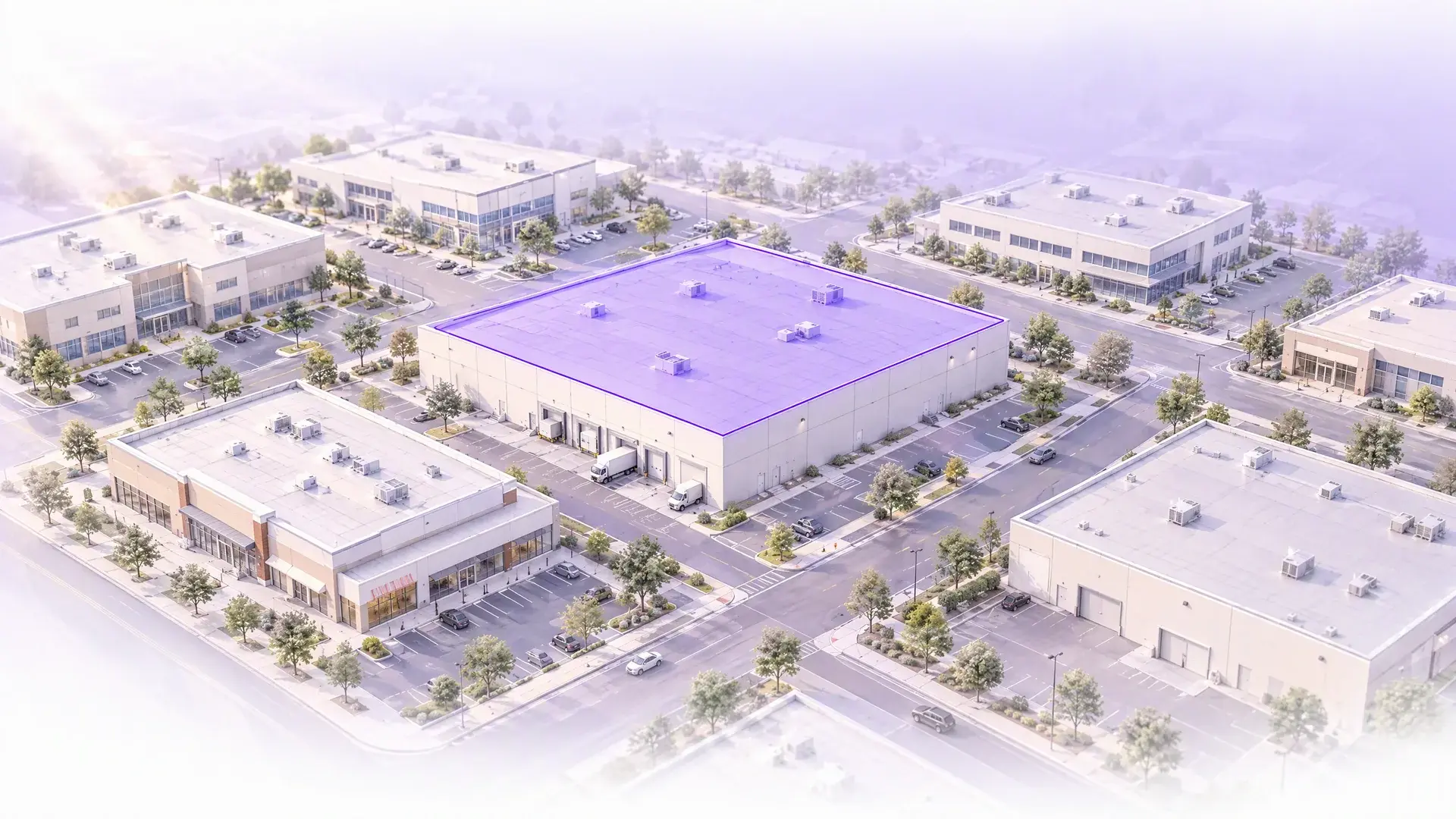 Architectural illustration of a commercial district with a warehouse roof highlighted in violet for further research.