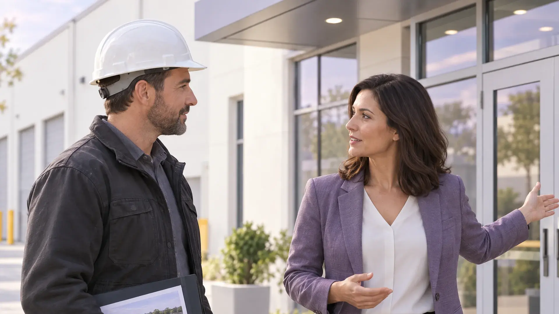 Illustration of a roofing contractor and property manager discussing a commercial building outside its entrance.