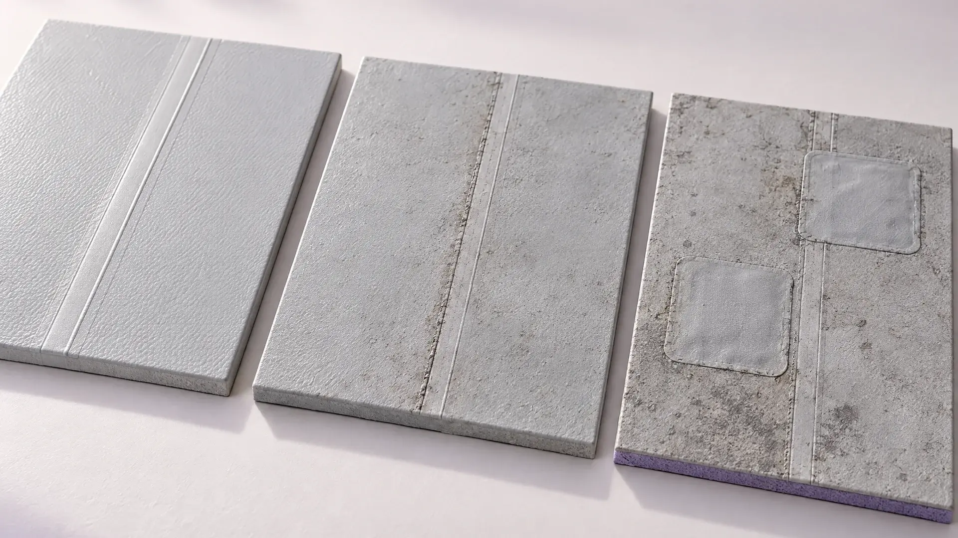 Illustration comparing three roof membrane samples with increasing weathering and repair patches.