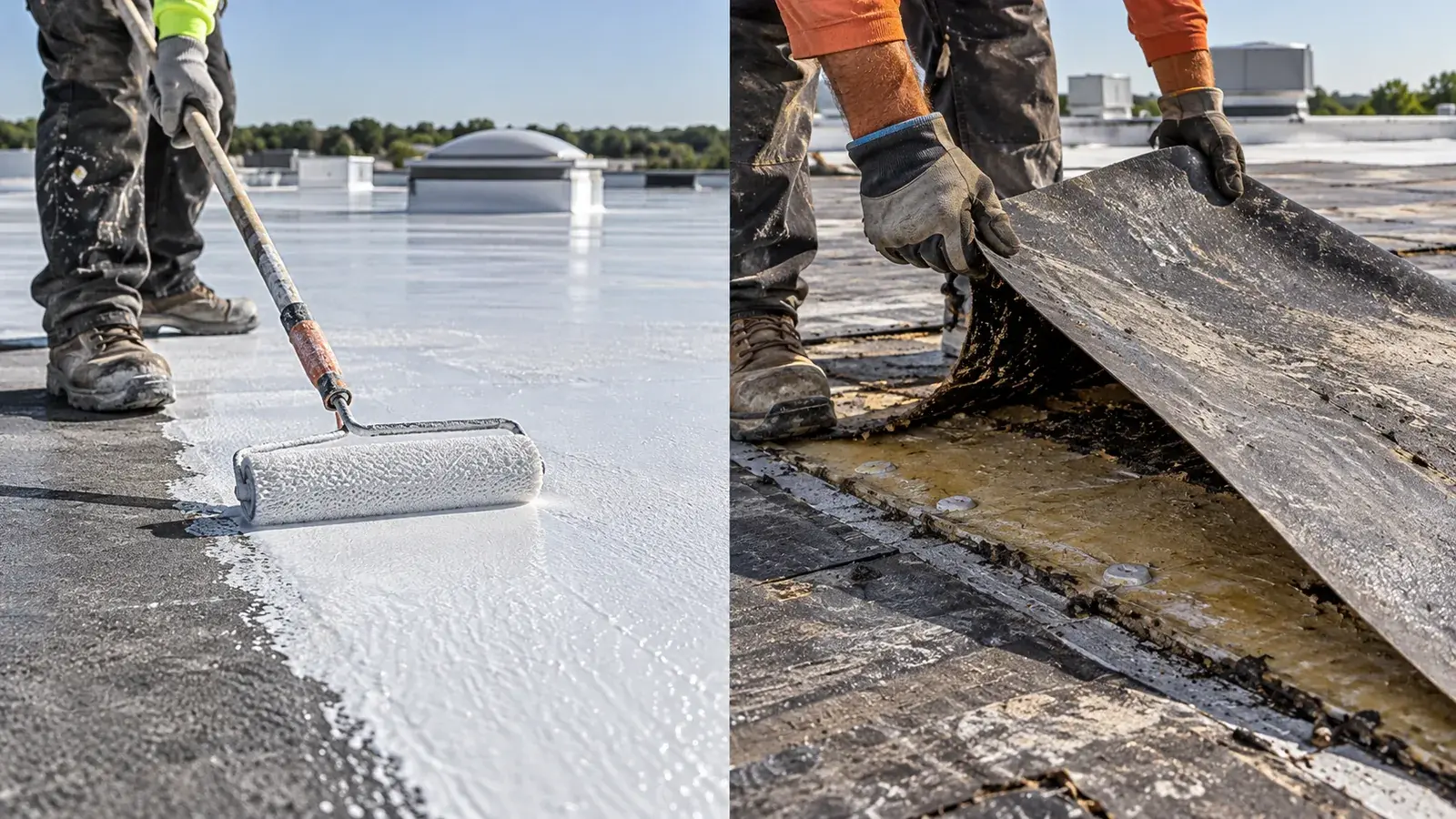 Side-by-side views of applying a roof coating and removing an old membrane during roof replacement.