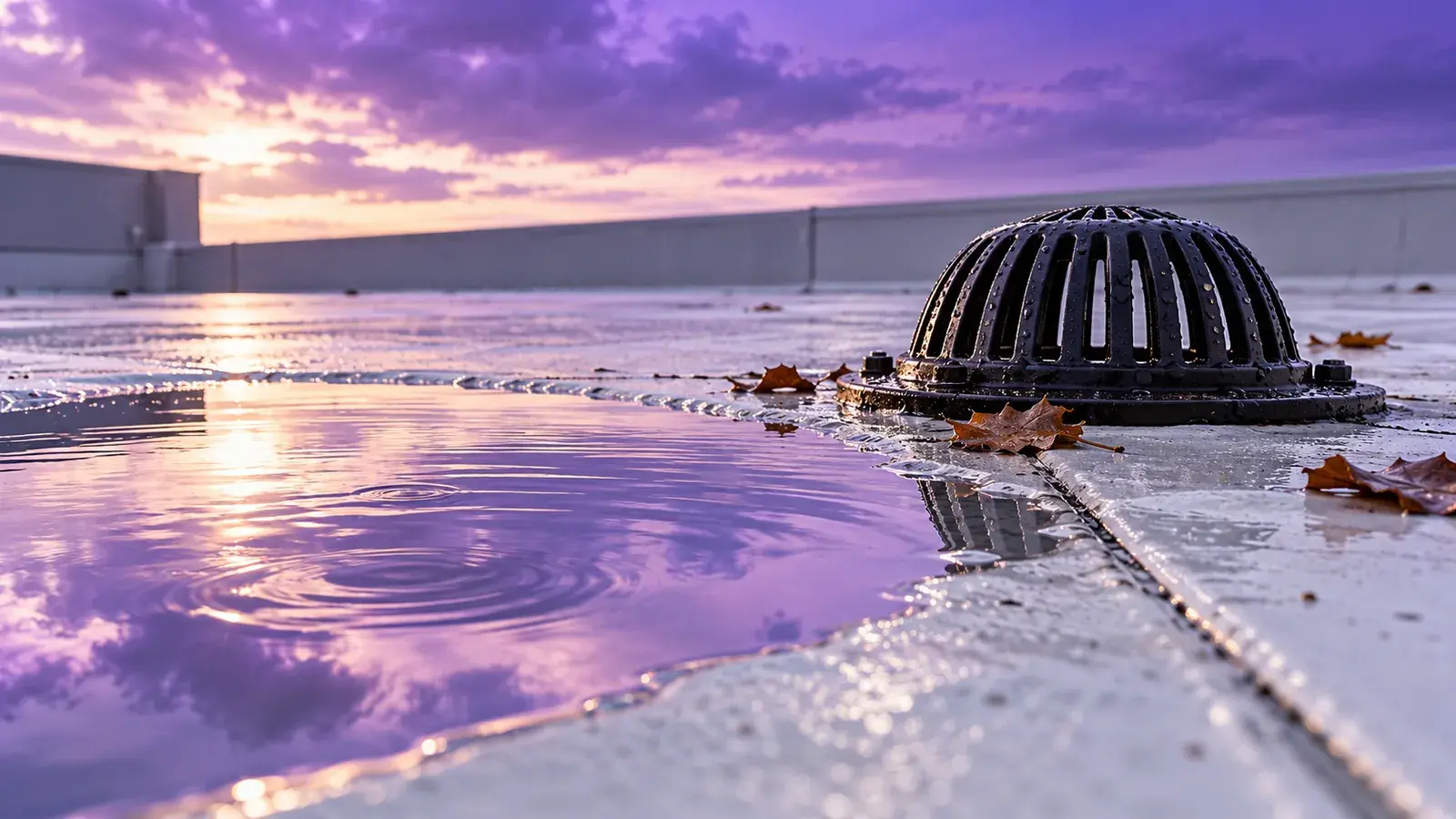 Standing water and a roof drain on a commercial membrane roof after rain.