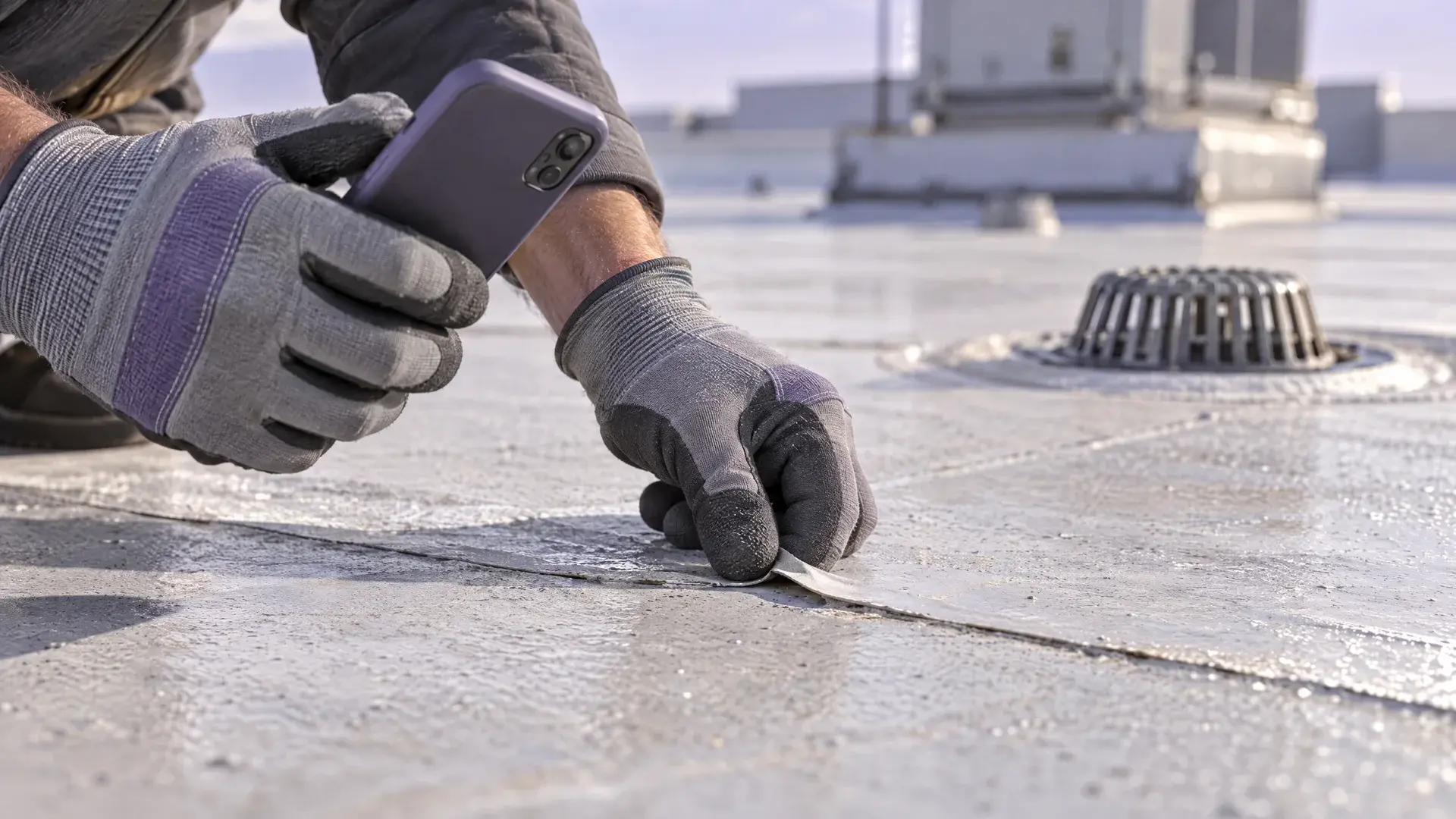 Illustration of gloved hands inspecting a roof membrane seam beside a drain, with a phone ready to document the finding.