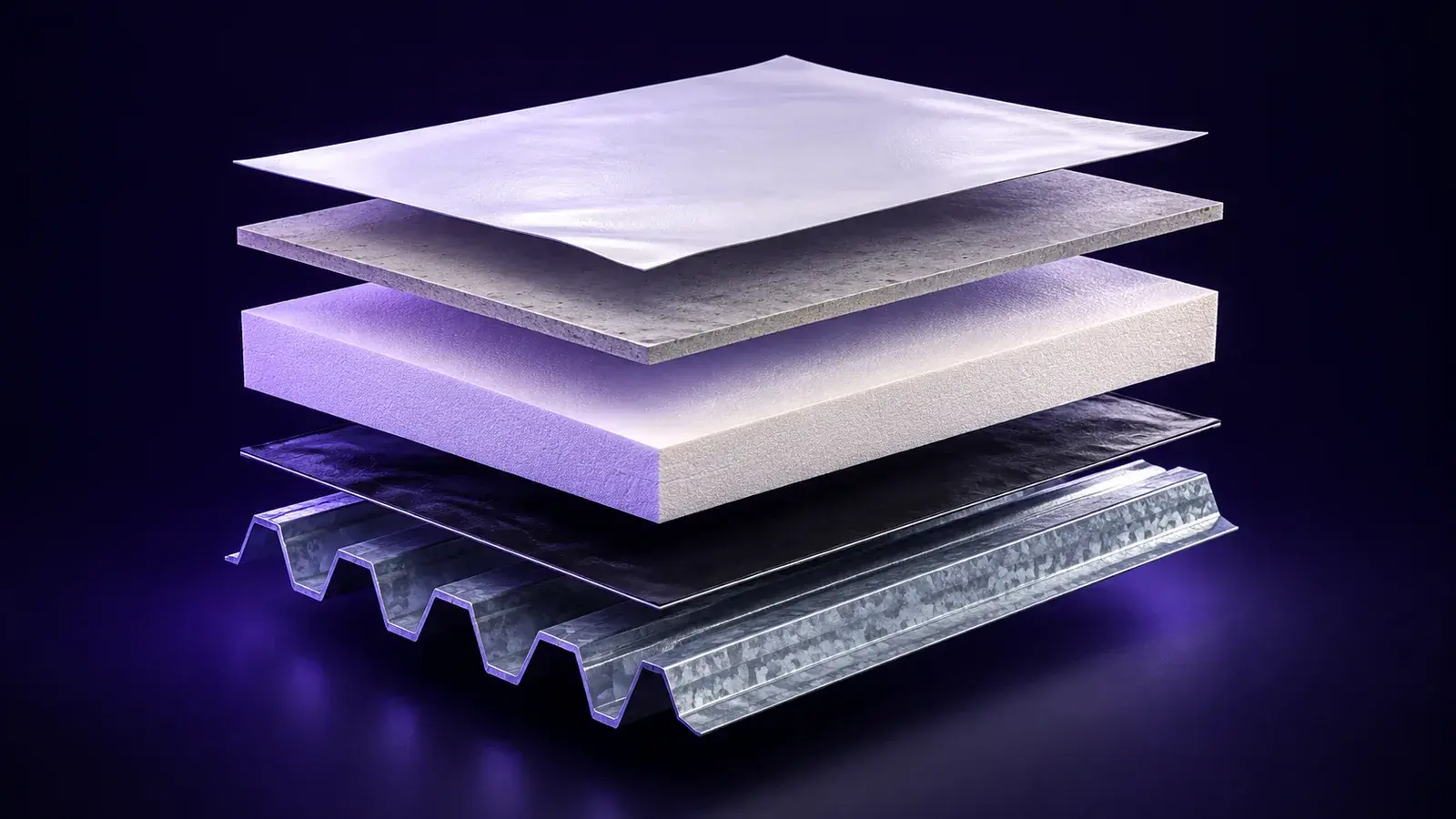 An exploded architectural section showing membrane, cover board, insulation and metal roof deck.