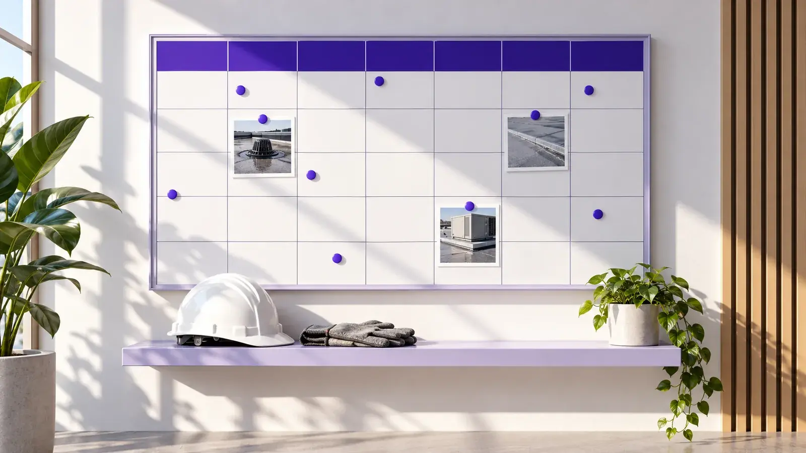 A roof maintenance planning board with scheduled inspection markers and roof-detail photographs.