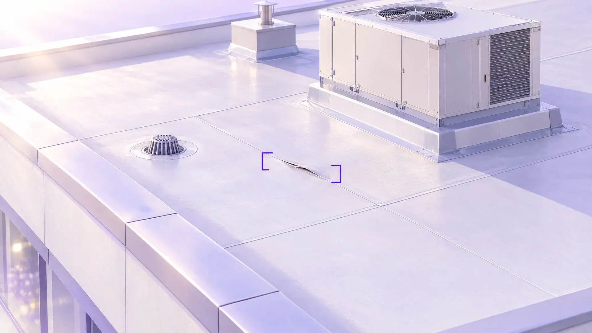 Architectural illustration of an open commercial roof membrane seam beside a roof drain and rooftop HVAC unit.
