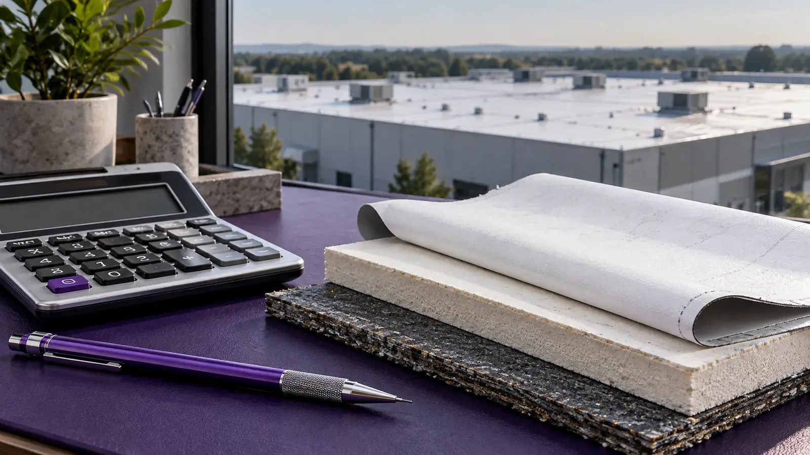 Roofing material samples and a calculator used to plan a commercial roof replacement budget.