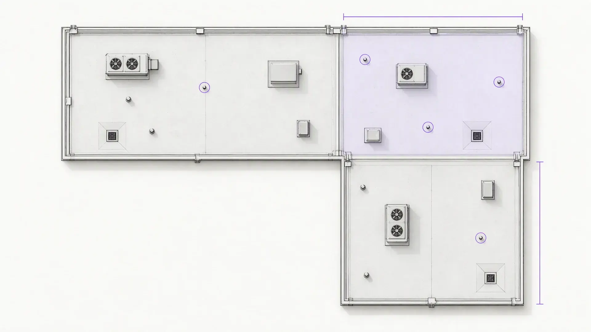 Top-down illustration of a commercial roof plan with HVAC units, drains, highlighted penetrations and dimension lines.