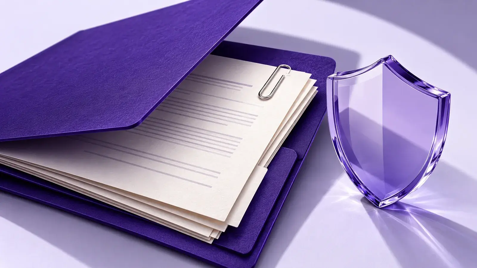 An open purple warranty folder with contract documents and a translucent protective shield.