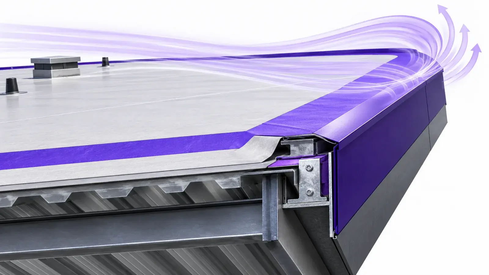 Wind-flow lines crossing a commercial roof with highlighted corner and perimeter zones.