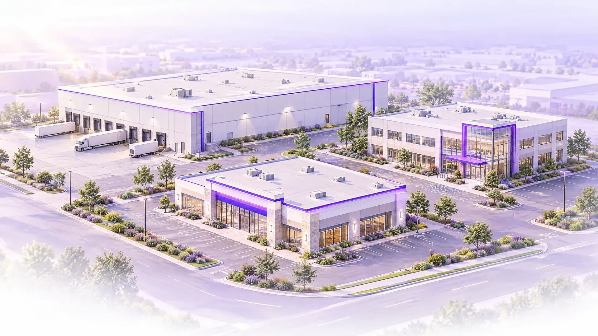 Architectural illustration of a warehouse, office building and retail property in a landscaped business park.