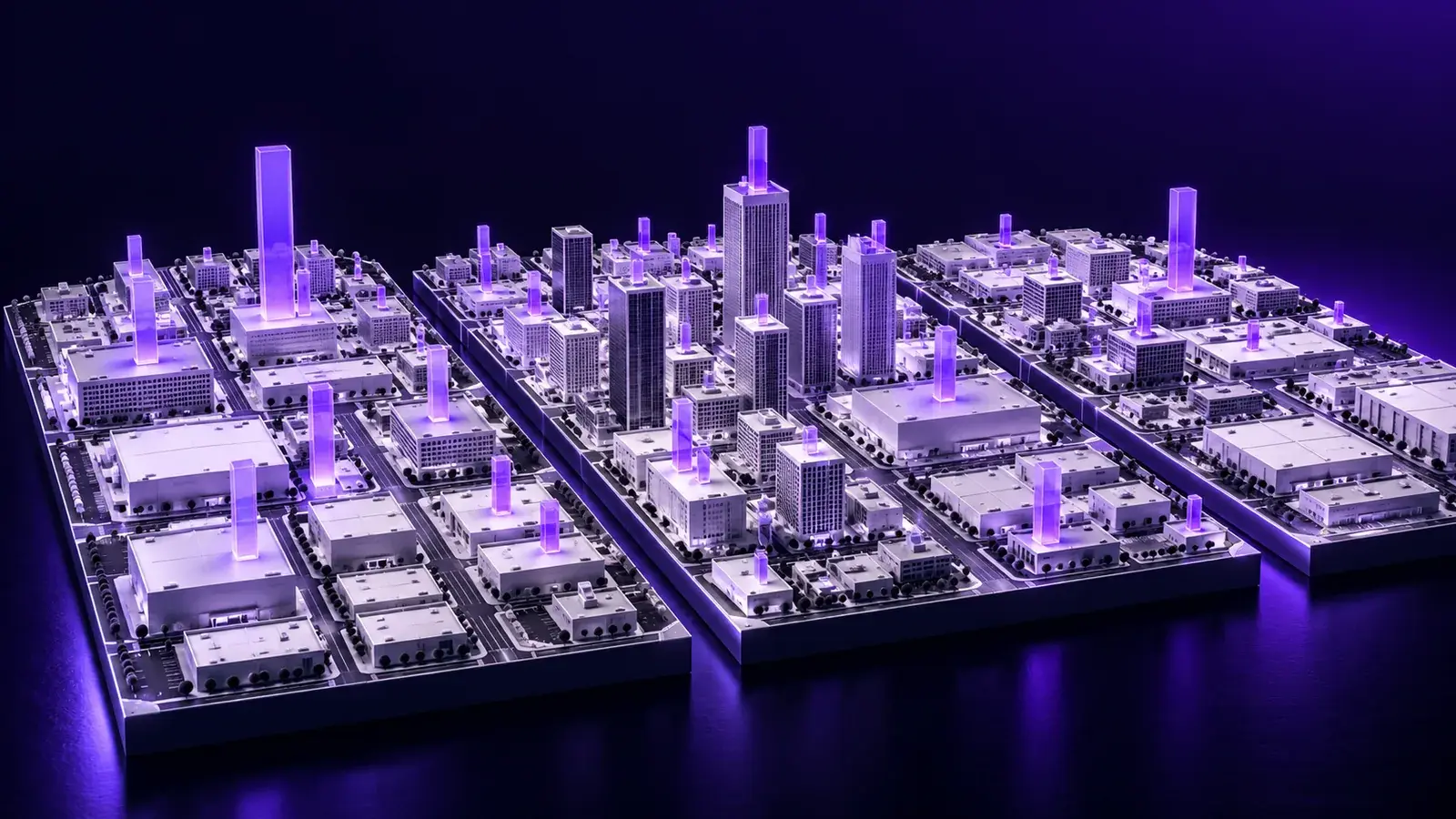 Architectural city models with purple columns illustrating different levels of commercial permit activity.
