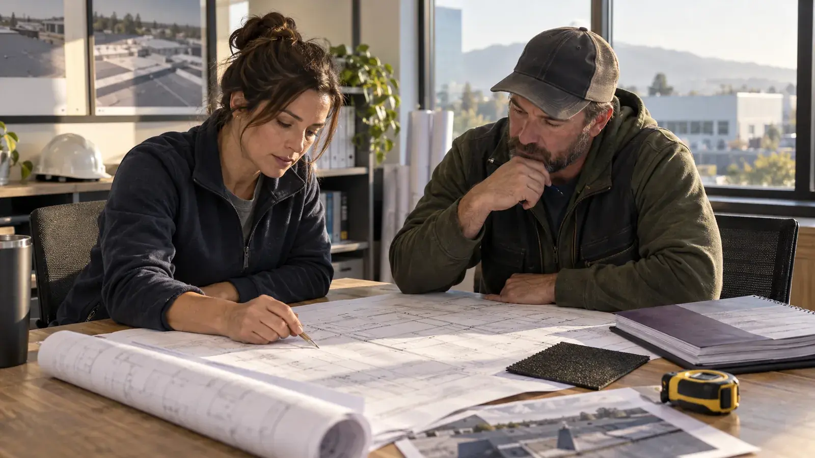 Two roofing professionals reviewing a roof plan and proposal together in a sunlit office.