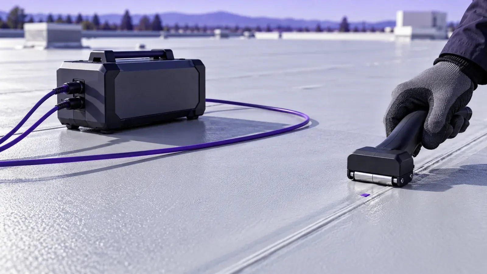 An electronic leak-detection instrument checking a commercial roof membrane.