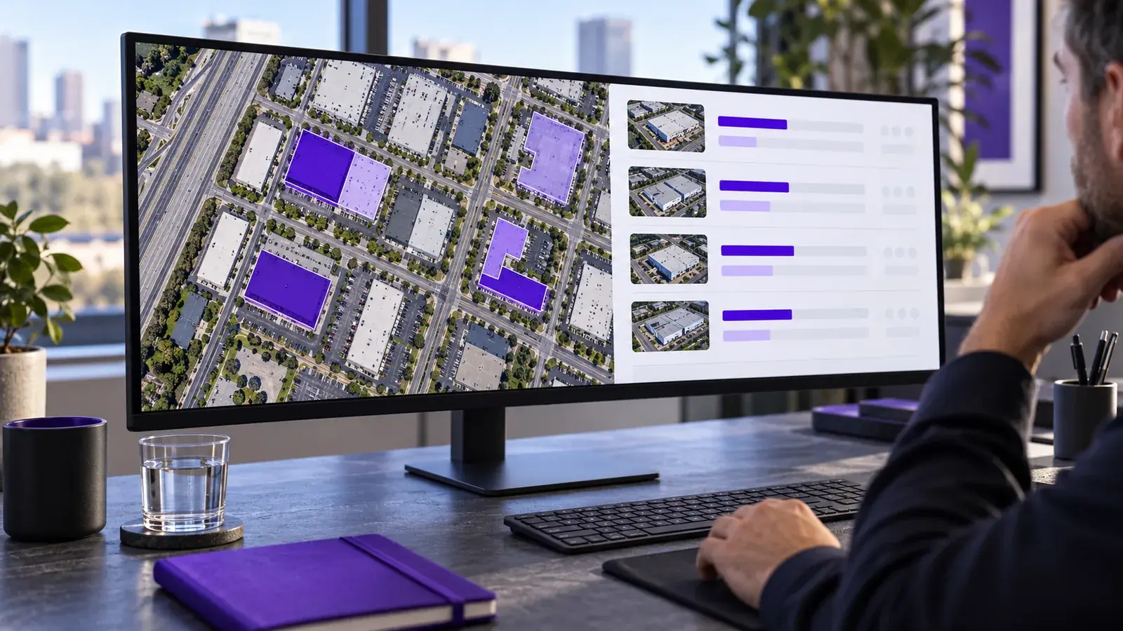 A contractor comparing commercial property information on a map-based prospecting interface.