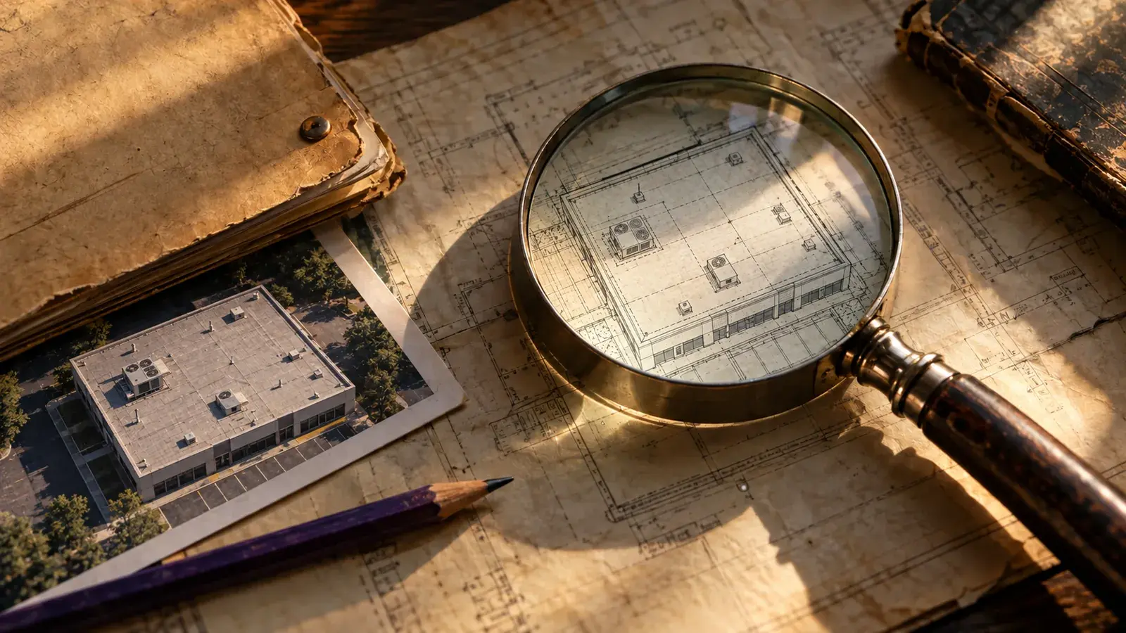 Magnifying glass over an archival flat-roof plan beside a commercial property photograph and permit folder.