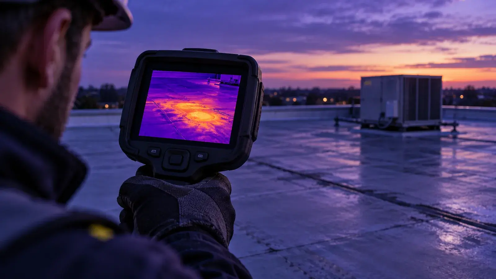 A handheld thermal camera surveying a commercial roof at dusk.