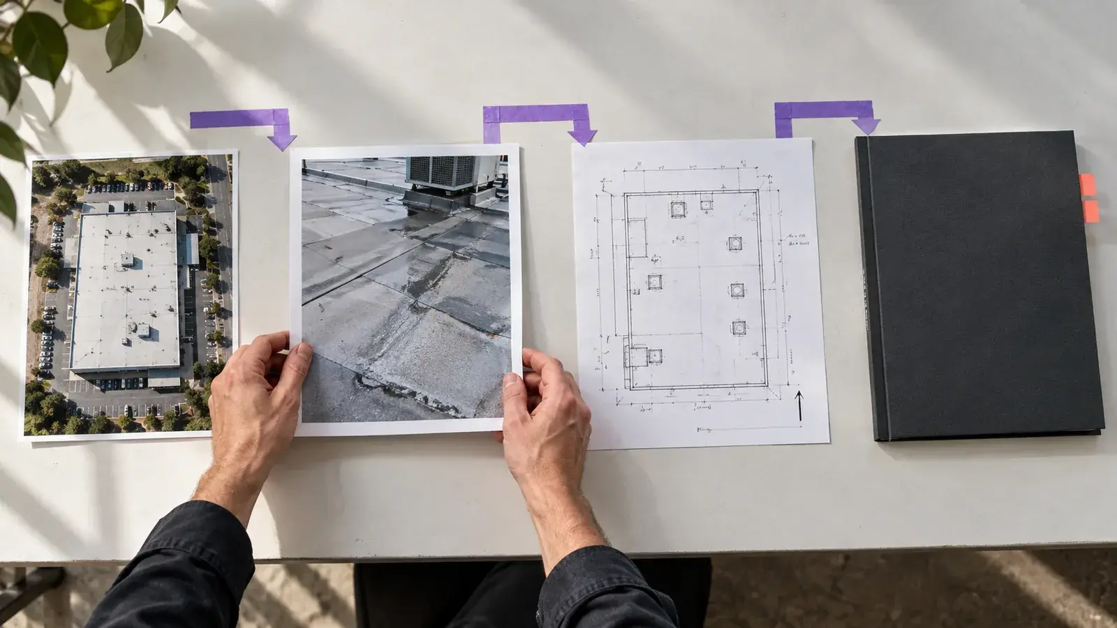 Hands arranging property and inspection photographs beside a measured roof plan and proposal folder.