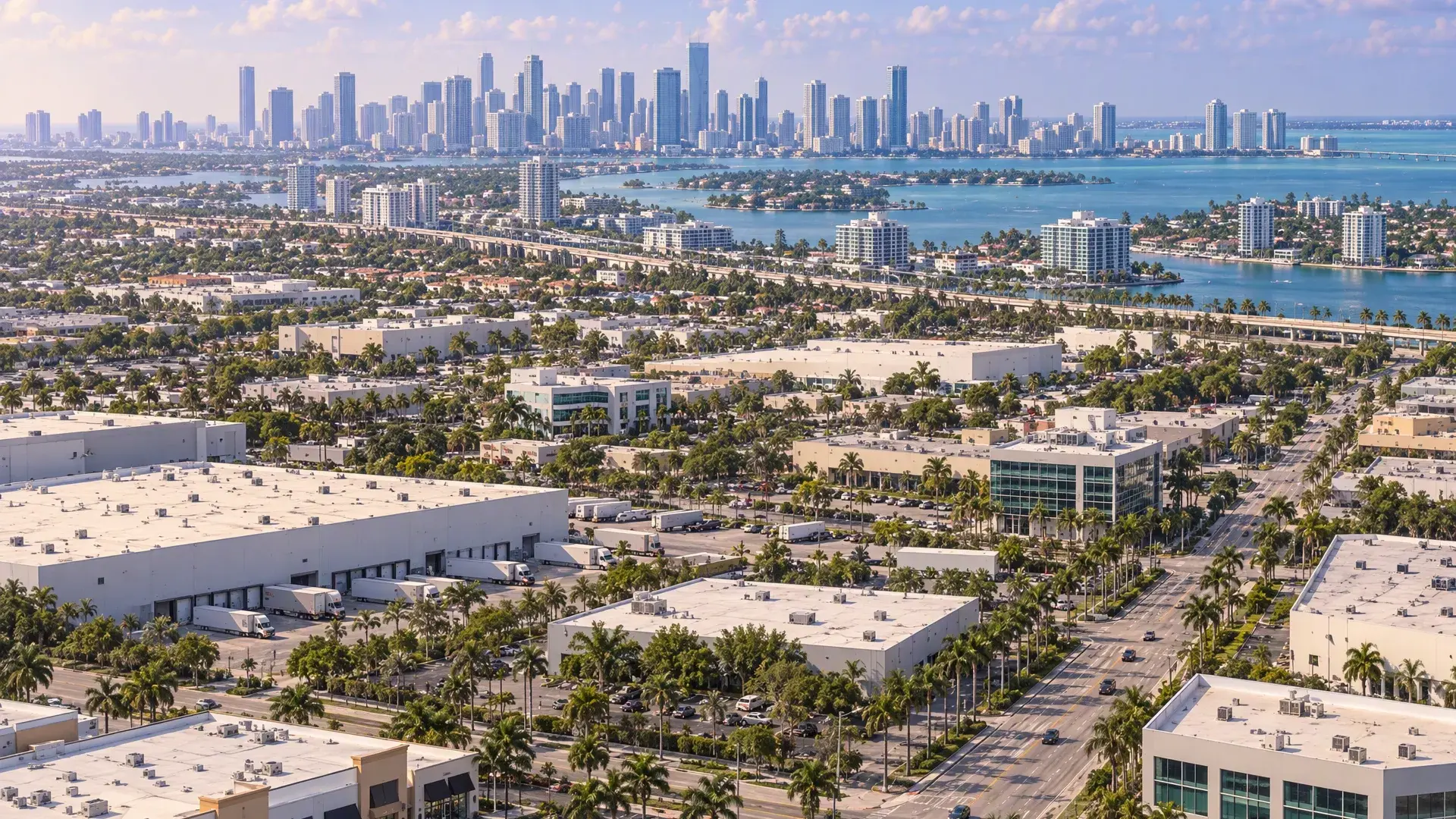 Illustrated Miami skyline and waterfront beyond a commercial district with flat roofs and palm-lined roads.