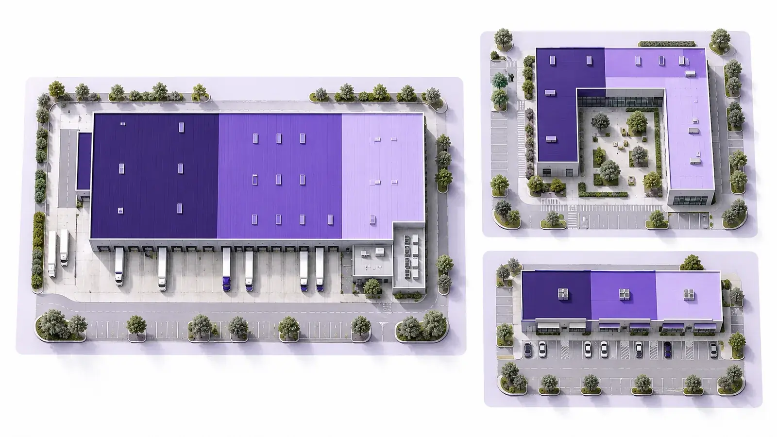 An overhead view of several distinct commercial properties organized into a roof portfolio.