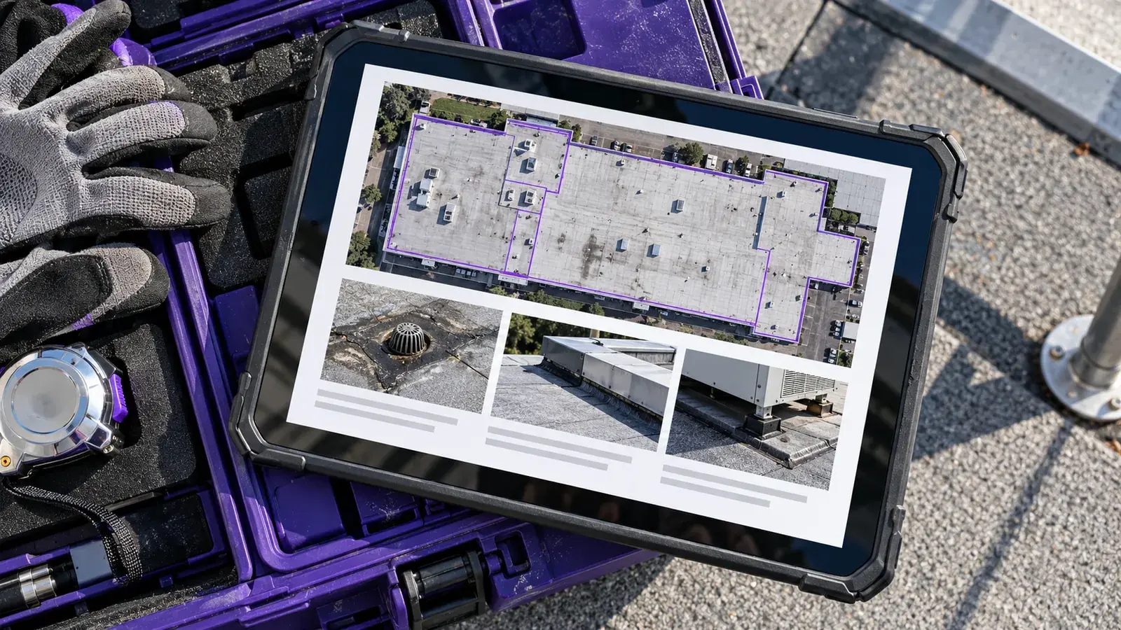 A field inspector using a tablet to organize roof photographs into an inspection report.