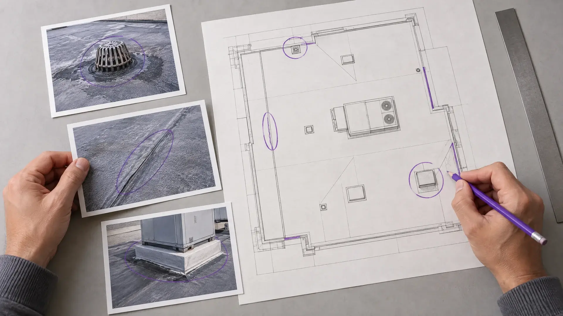 Illustration of inspection photos being matched to roof-plan details with a violet pencil.