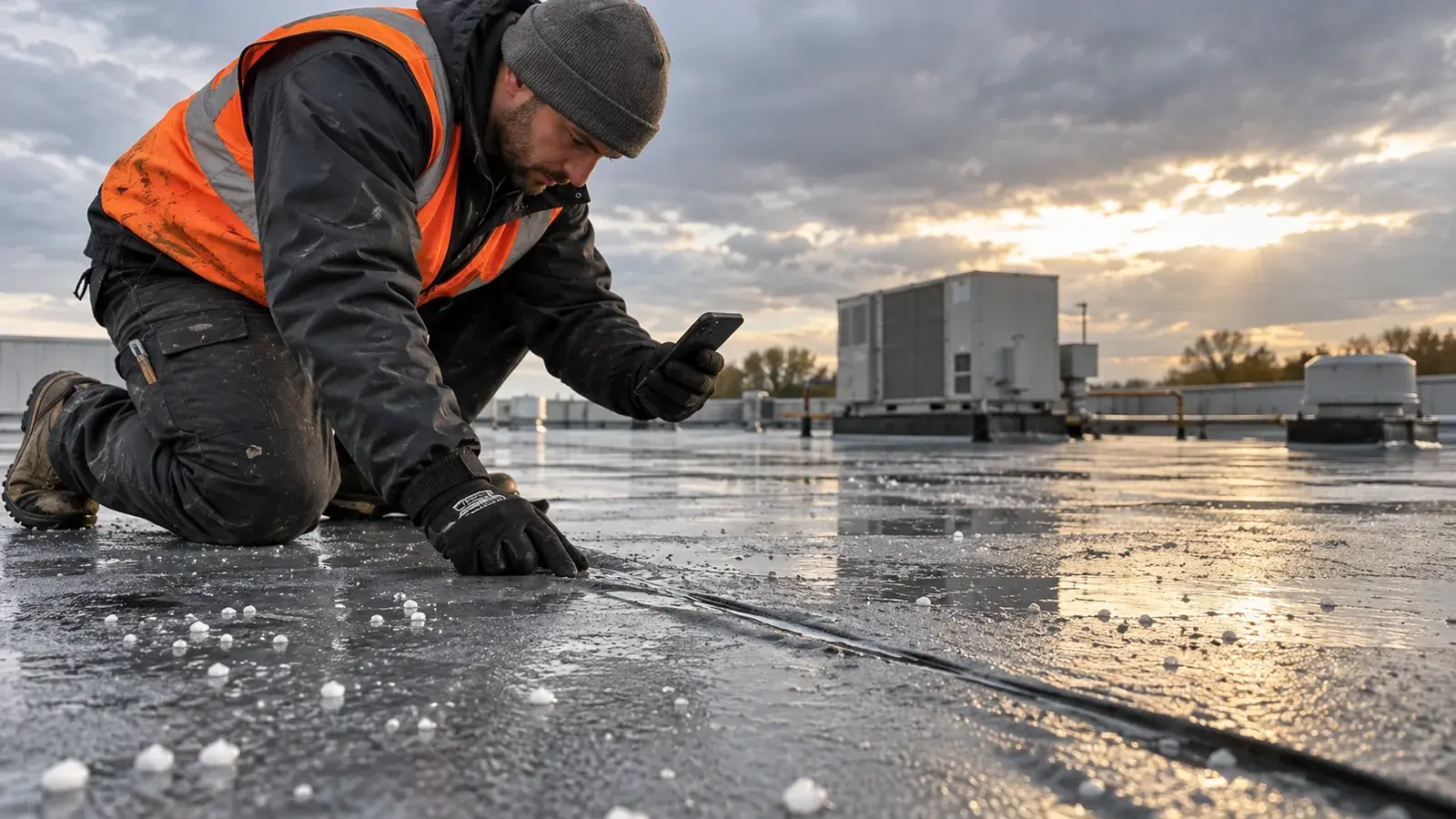 Roofing inspector examining a membrane seam and photographing conditions after a hailstorm.