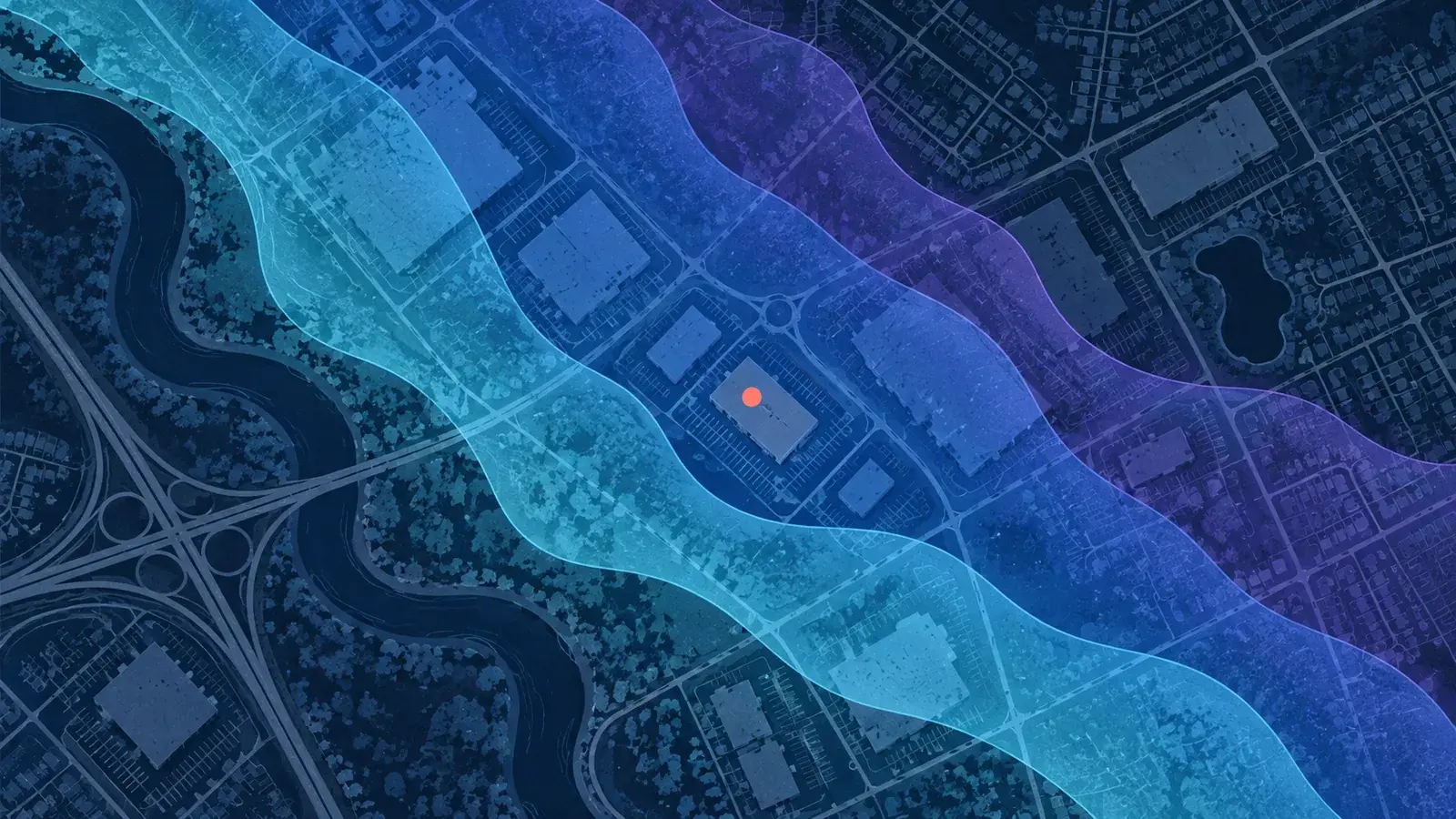 Illustrative weather map with overlapping blue and violet storm bands and a commercial property marked in coral.