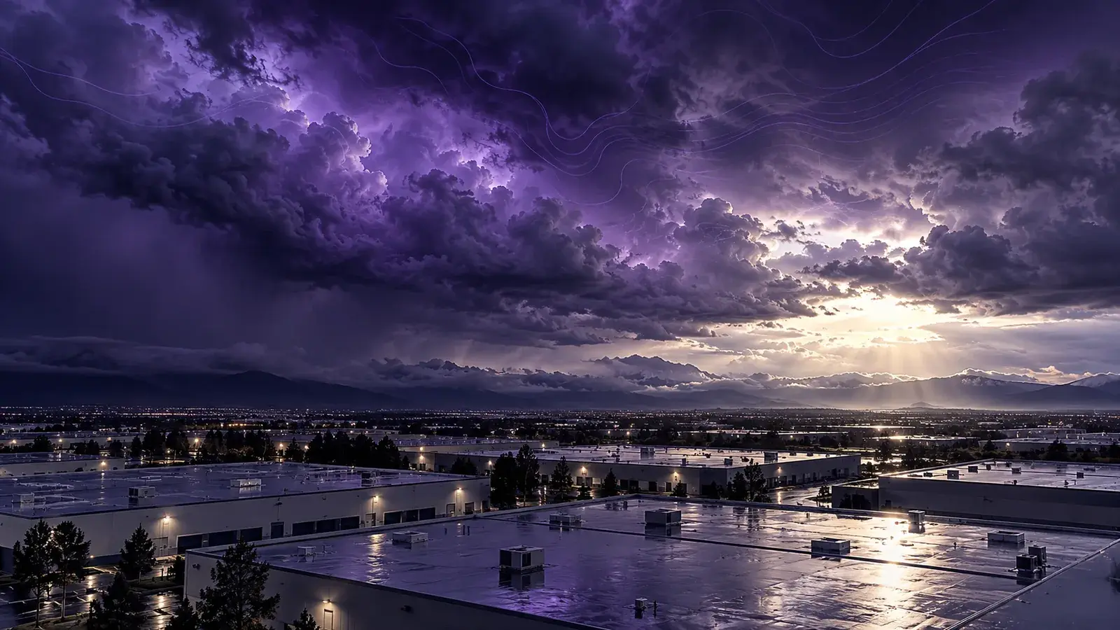 Storm clouds clearing over the flat roofs of a commercial district.
