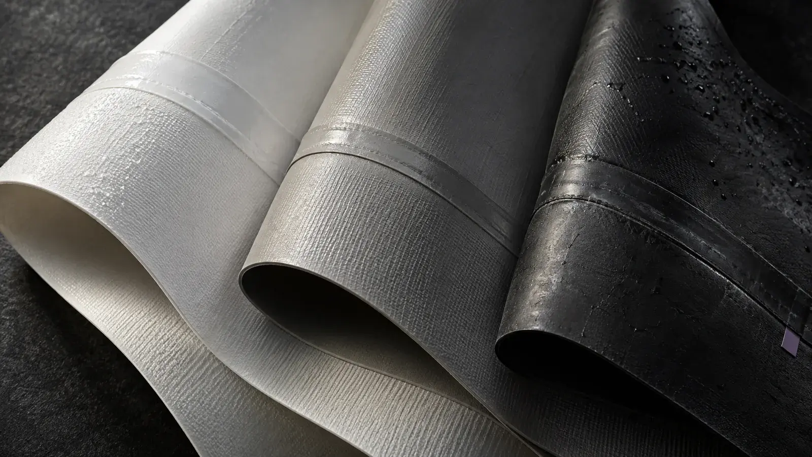 Close-up of white, gray and black roofing membrane samples with curled edges and visible seam details.