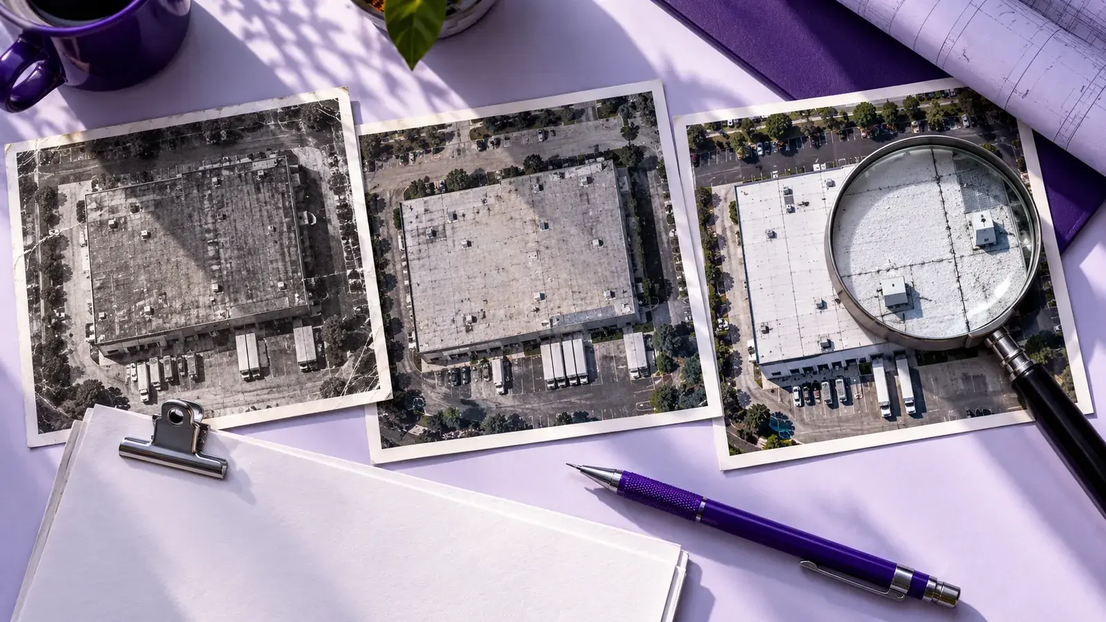Archival aerial photographs of a commercial roof examined with a magnifying glass alongside permit records.