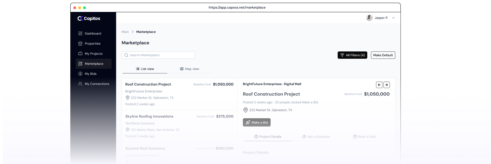 CapXos Marketplace dashboard showing a list and detailed view of construction projects with filters, search bar, and project cost details.