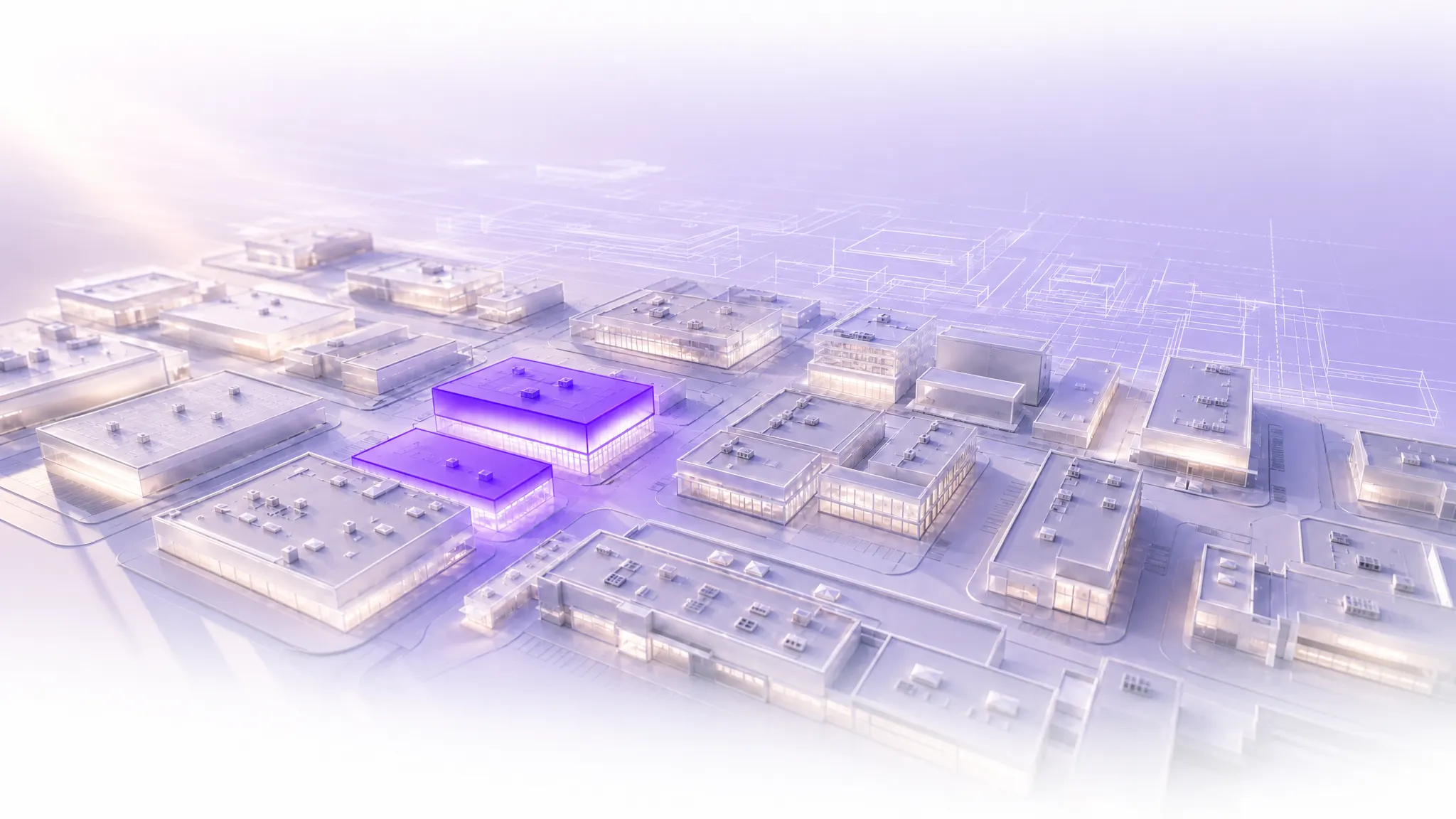 Illustration of a low-rise commercial district rendered as a translucent digital twin, two rooftops highlighted