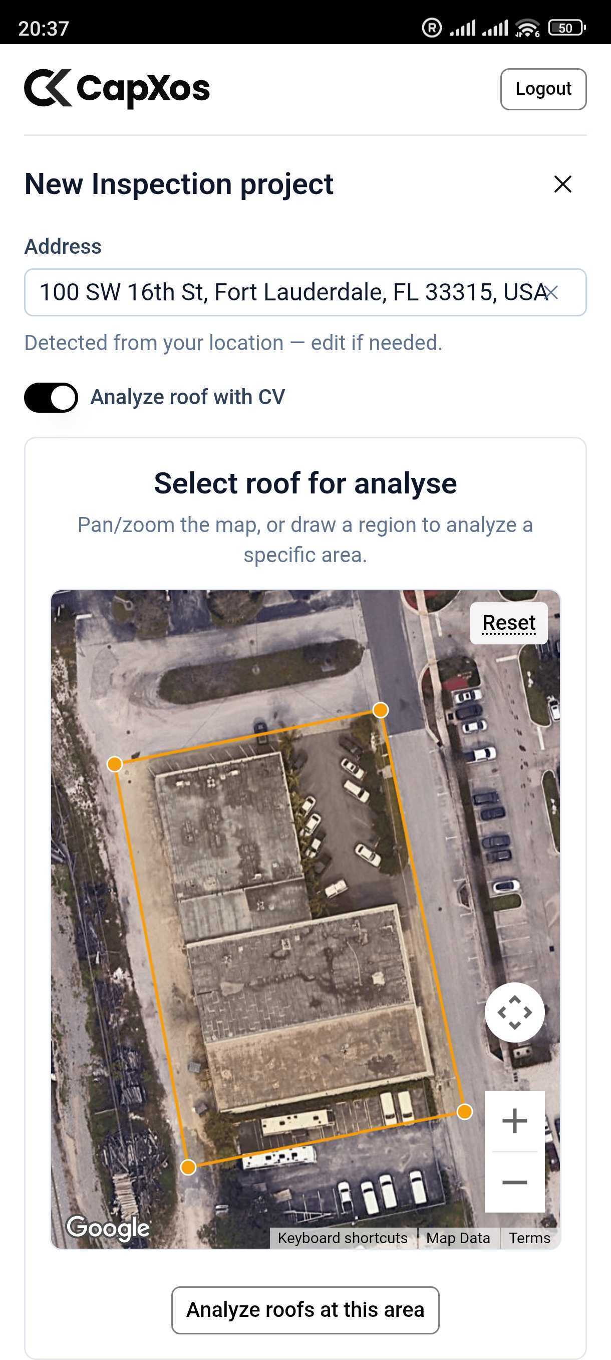 CapXos inspection project setup with a roof selected on aerial imagery