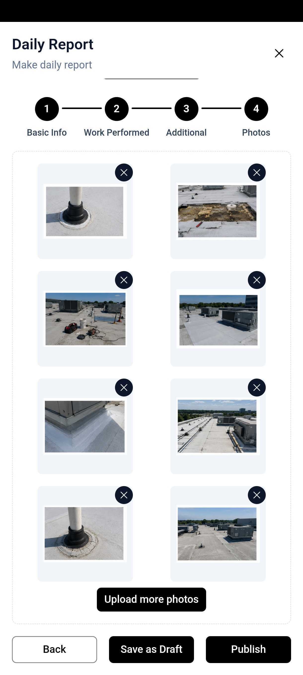CapXos Daily Report screen with photos of roof conditions