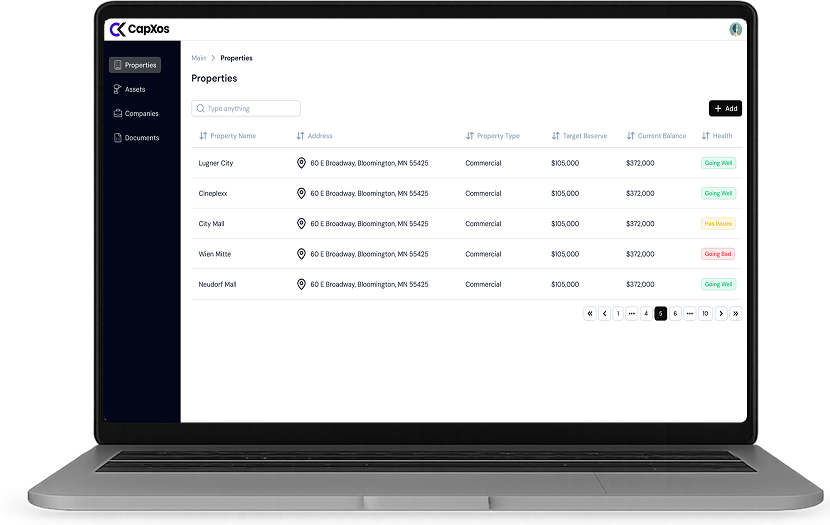 A laptop displays the CapXos app, showing a property list with names, addresses, financial details, and health statuses